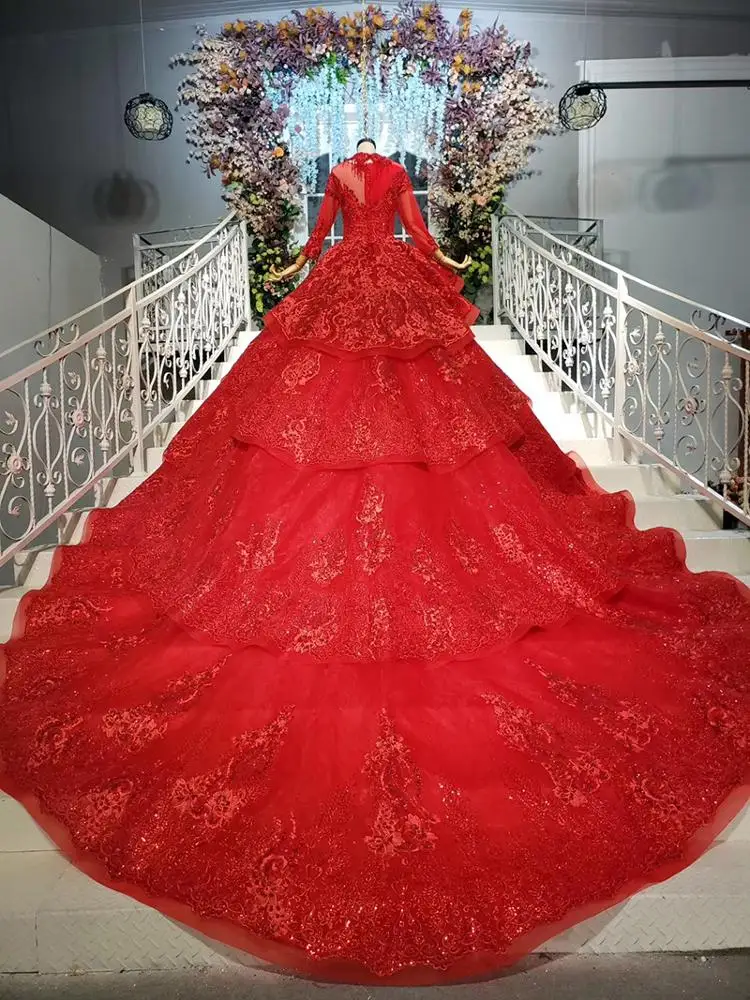 HTL886 Jancember real luxurious high neck long sleeves pleat red high quality luxury dress