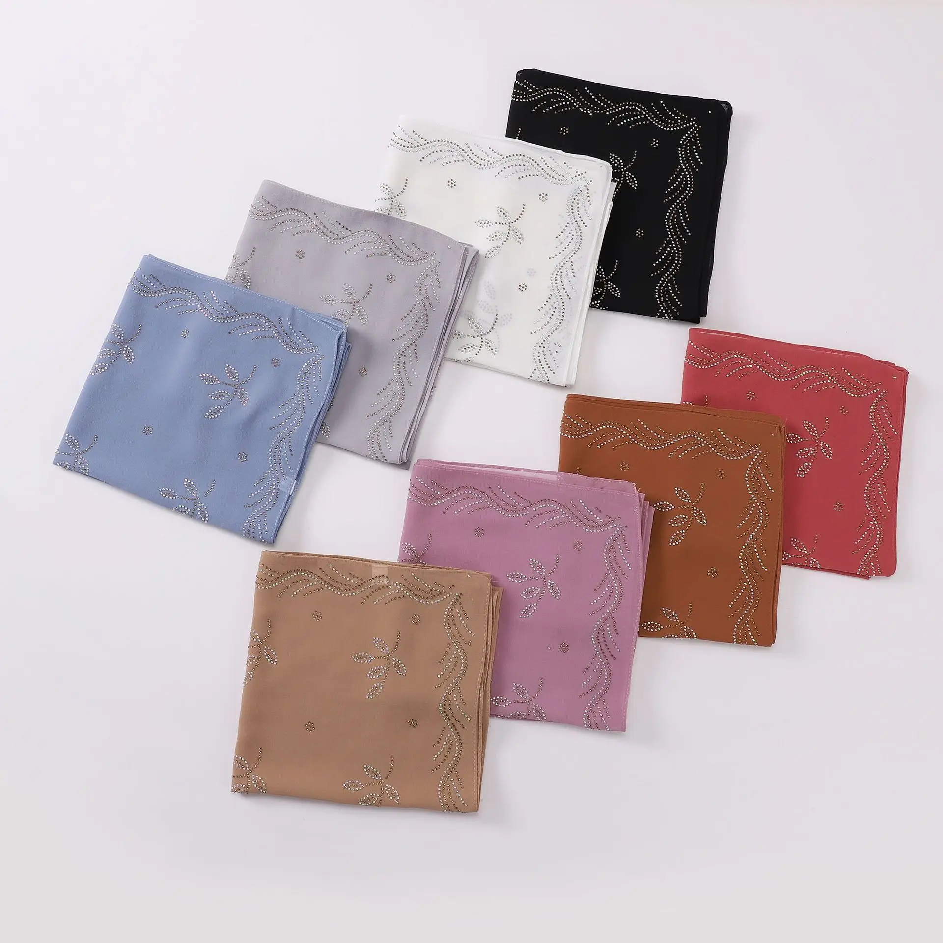 New Pearl Chiffon Leaf  90Cm Square High Quality Chiffon Hijab Soft Breathable Small Fresh Headscarf Chiffon Hijab Double Loop