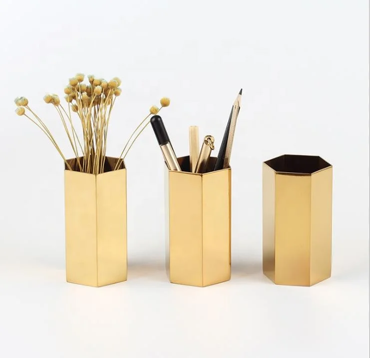 Gold circular Hexagon pen container