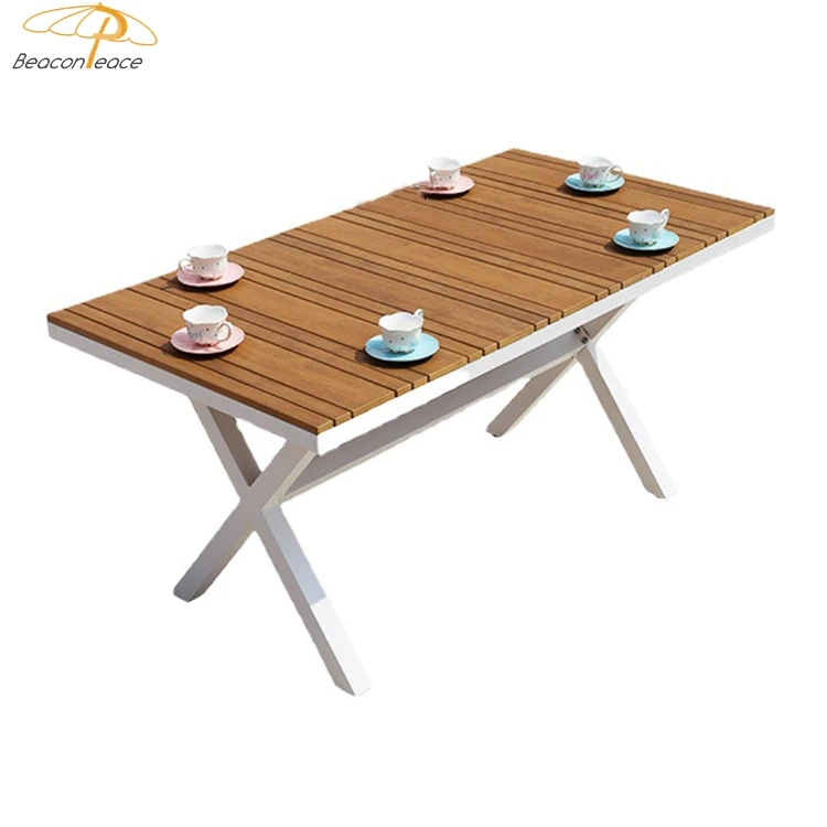 Powder Coated Aluminum Frame Plastic Wood Outdoor Patio Furniture Garden Large Wooden Long Dining Table