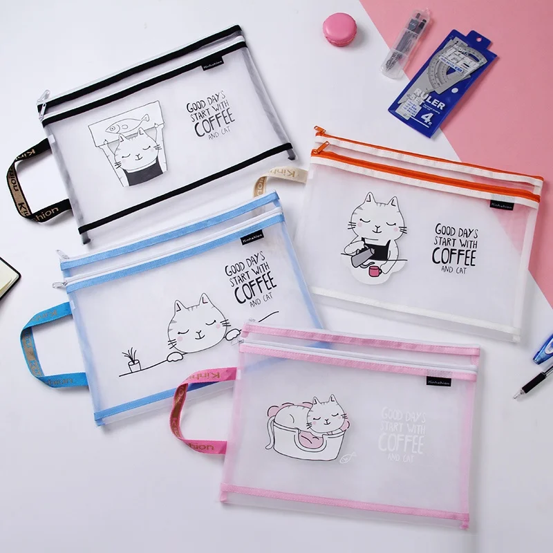 Wholesale factory price two layer cartoon file folder zipper storage pouch document mesh bag with handle