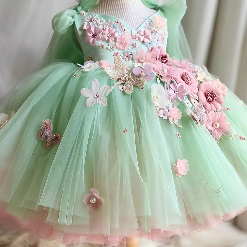 Outong Fashion High Quality Flower Embroidery Baby Girl Tulle Mesh Dress Evening Party Dresses Ball Gown For Kids