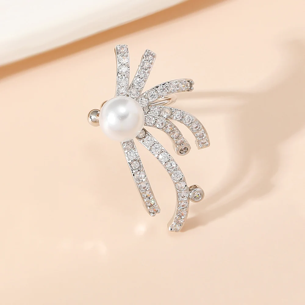 Fashions Ear Bone Cuff Earrings Pearl Jewelry Earrings Clip Silver Plated Cubic Zirconia Vintage for Men Women Brass Flower