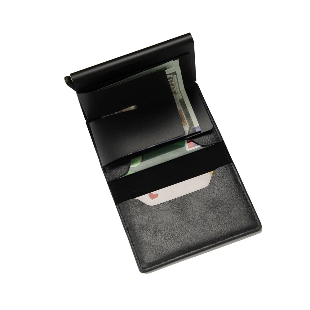 RFID Blocking Function PU Leather Automatic Pop Up Credit Card Holder Wallet With Metal Card Box