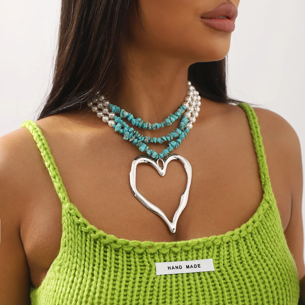 Bohemian Style Multi Layer Chunky Large Heart Beaded Necklace Fashion Pearl Turquoise Necklace Jewelry Women