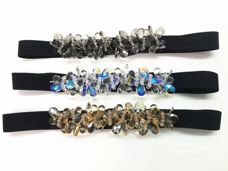 Fashion Sparkly Rhinestone Belt Luxury Waistband Elastic Belts For Woman Black Stretch Waist Belt
