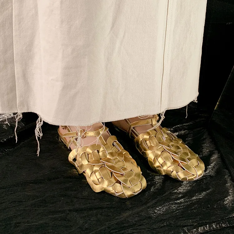 XINZI RAIN 2024 Summer Ladies Slide Sandal Round Toe Gold Pure Leather Slingbacks 3cm Heel Women Braided Sandals