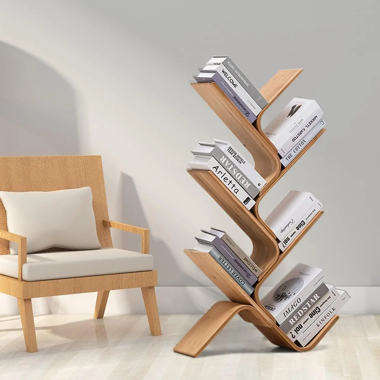 Creative Curved Standing Bookcase Rack Book Storage Organizer Shelves Natural 6-Tier Bamboo Tree Modern Bookshelf