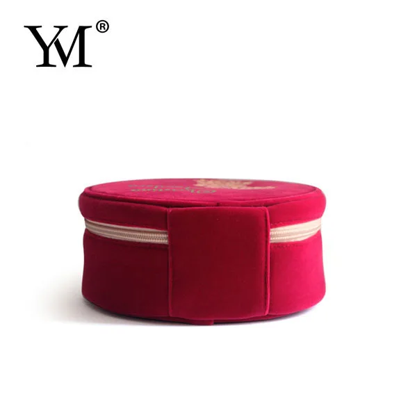 Round shape beauty cosmetic case bag red small convenient carry velvet cosmetic make up bag