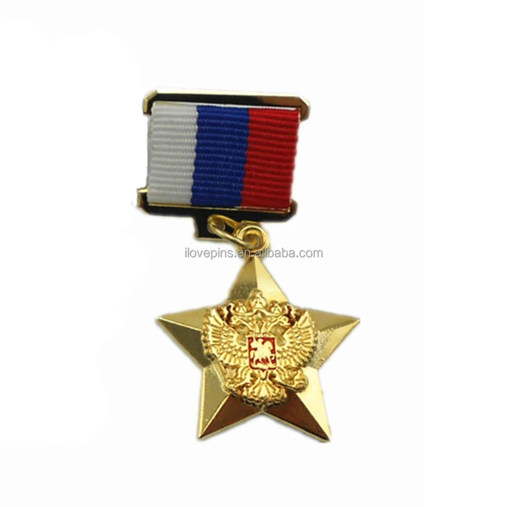 Customized Russian Star Shape 3D Badge Zinc-alloy Gold Plated Metal Brooch Pin with Ribbon