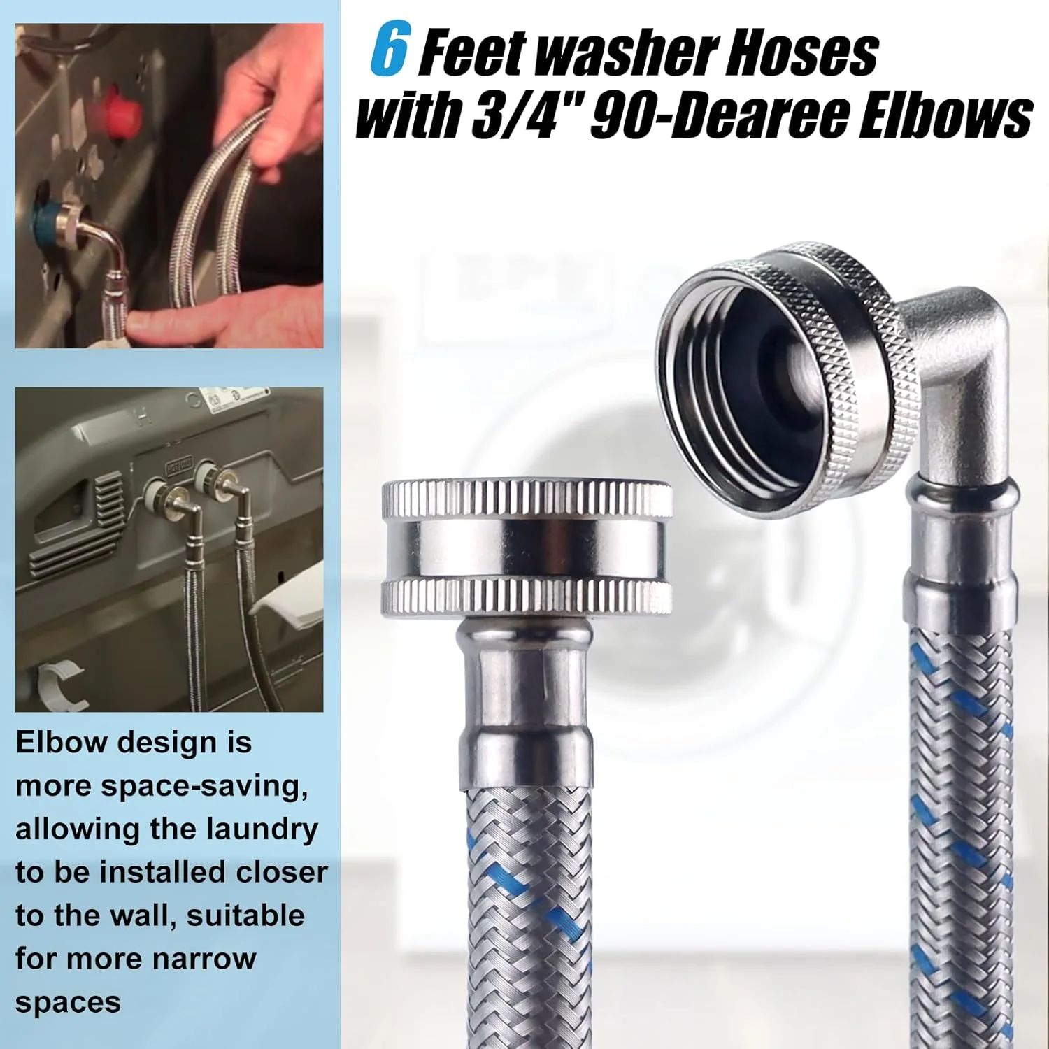 Premium Kink Free Stainless Steel 304 Wire Braided Washing Machine Hose with 90 Degree Elbow