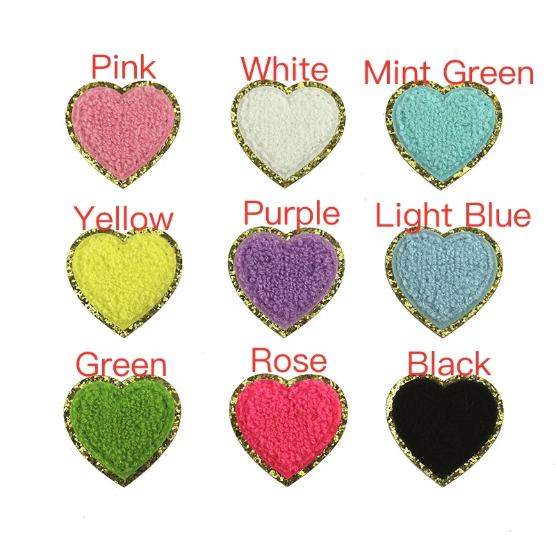 Wholesale 10 Colors Height 5cm self Adhesive Iron On Chenille Patch Heart Shaped Patches