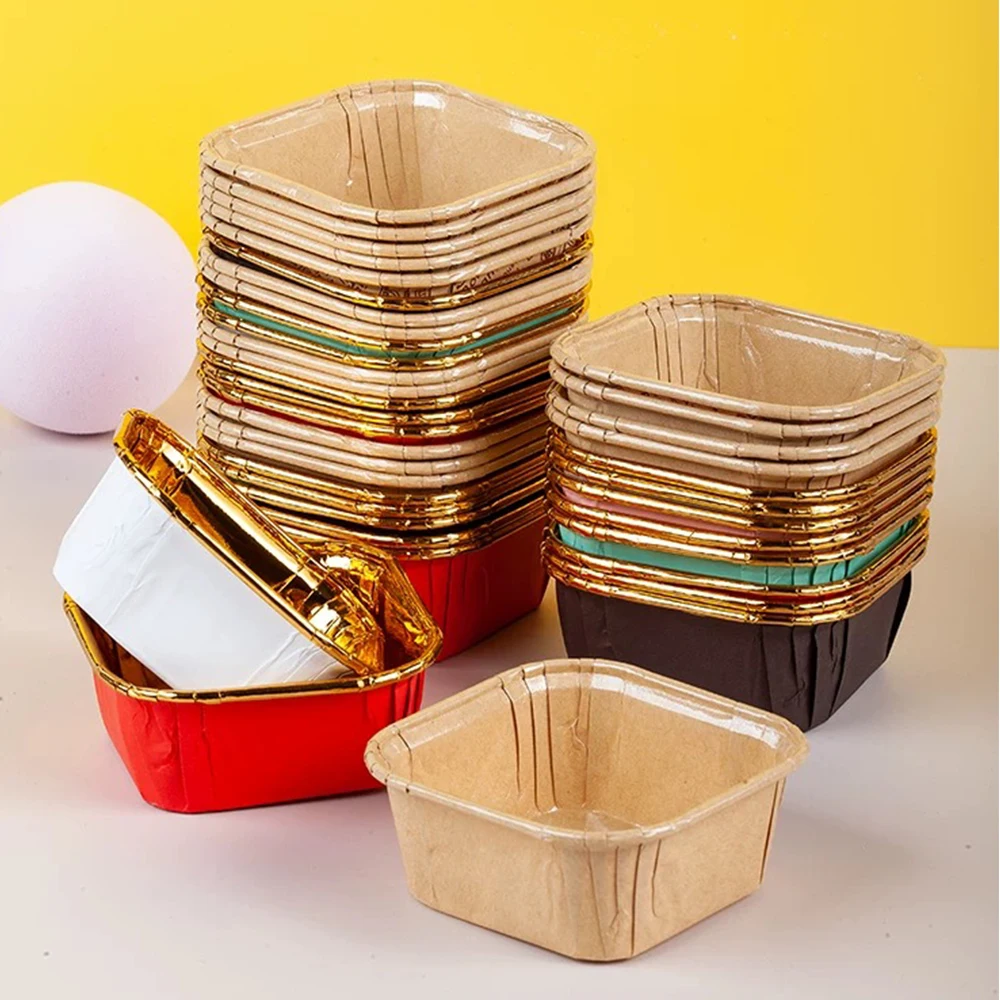 Square Aluminum Foil Paper Cupcake Liners Disposable Oven Safe Baking Pastry Cups For Party, Wedding