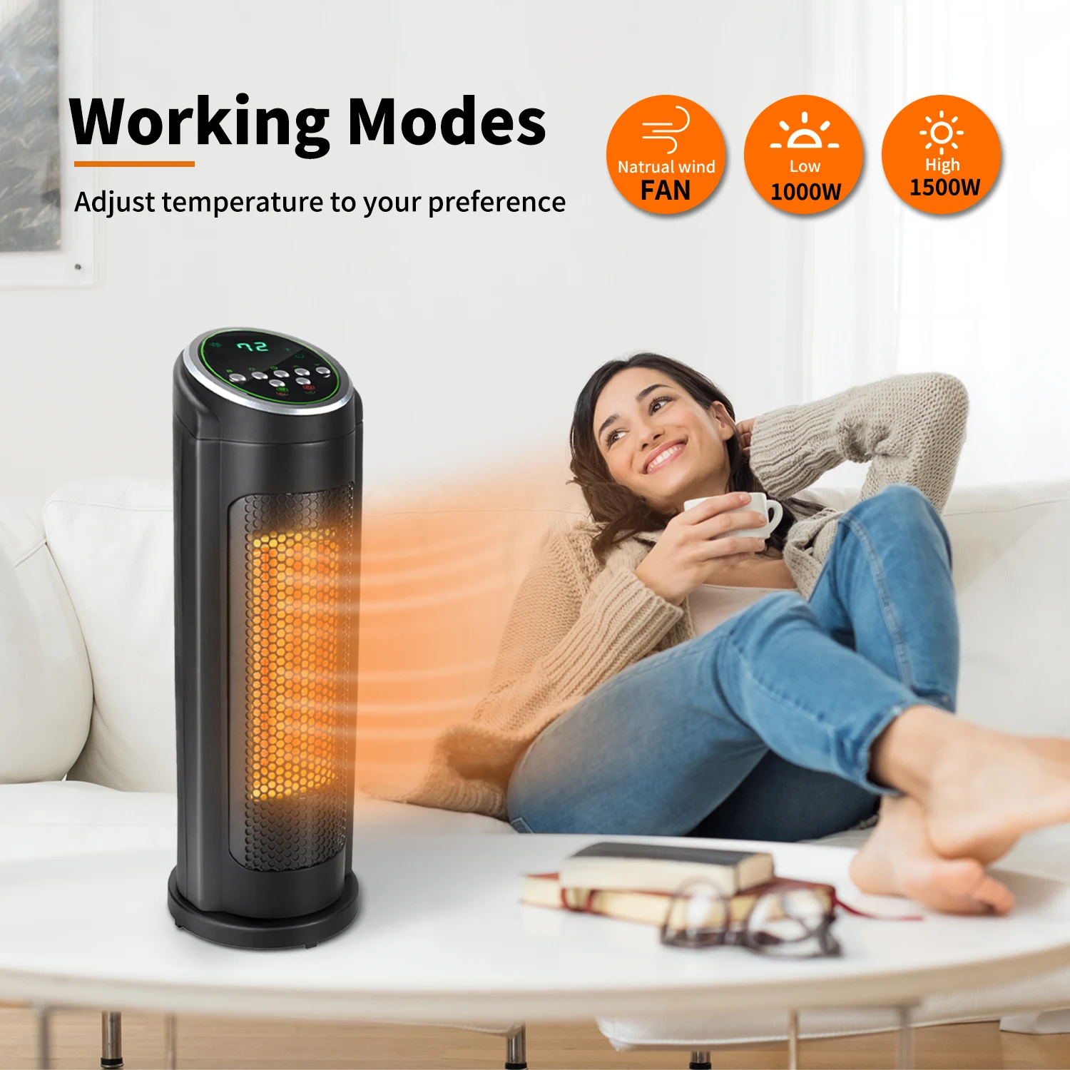 1000w 1500w PTC Two Settings Household Indoor Home Office Warming Ceramic Digital Freestanding Electric Space Tower Heater