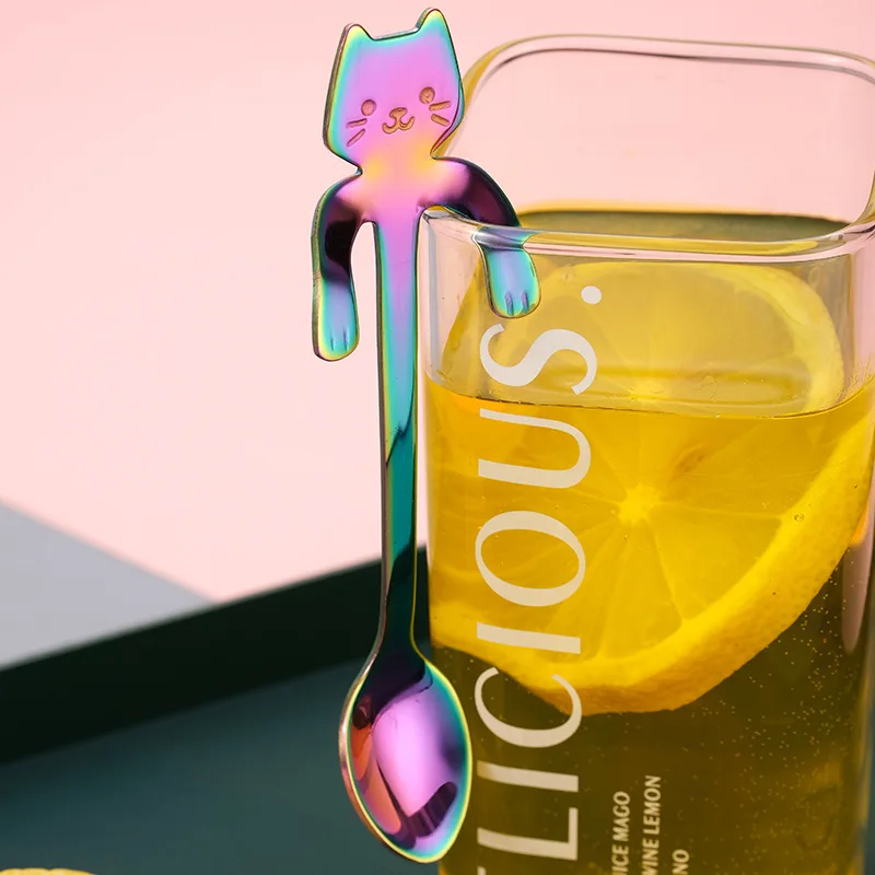 Creativity tableware 304 stainless steel metal lovely cat long handle spoon for drinks
