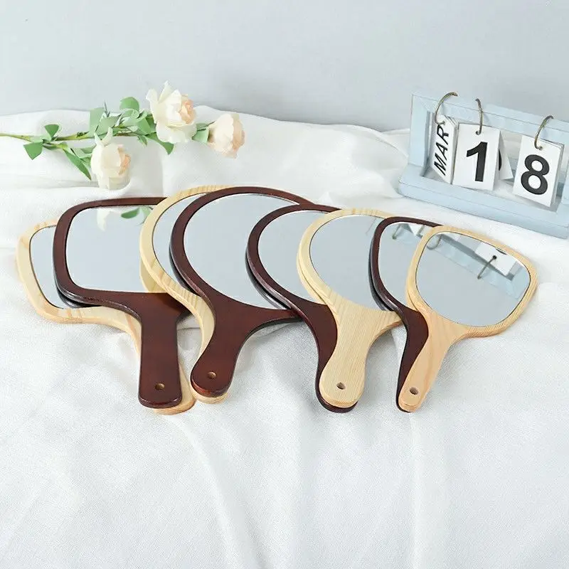 Wooden handle portable Oval Makeup mirror Private brand HD handle vanity mirror