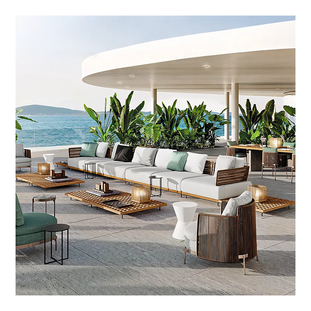 Teak Garden Set Sofa Aluminum Teak Wood Solid Rattan Corner Adjustable Brown Outdoor Furniture Modern Wooden Sofa Outdoor Usage
