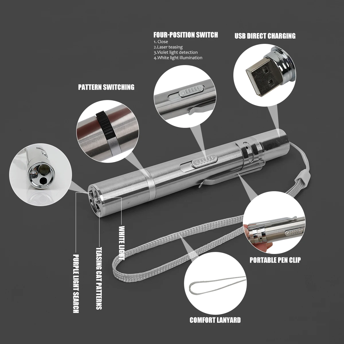 Wholesale USB Recharge 5 Adjustable Patterns LED Light Infrared Cat Laser Pointer Interactive Cat Laser Toy