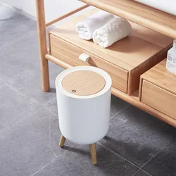 7L Japanese Style Trash Can with Lid Wood Grain Kitchen Simple Office Sanitary Bucket Press Type Toilet Trash Can