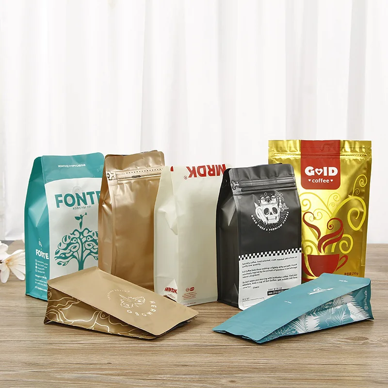 Custom Printed Personalized Flat Bottom Food Grade Packaging Aluminium Foil Coffee Bean Tea Powder Bags with Valve