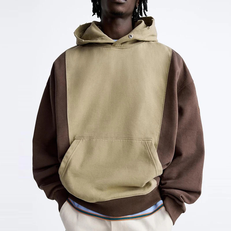 OEM Custom Front pouch pocket Ribbed Trims Casual Color Block Hoodie For Men
