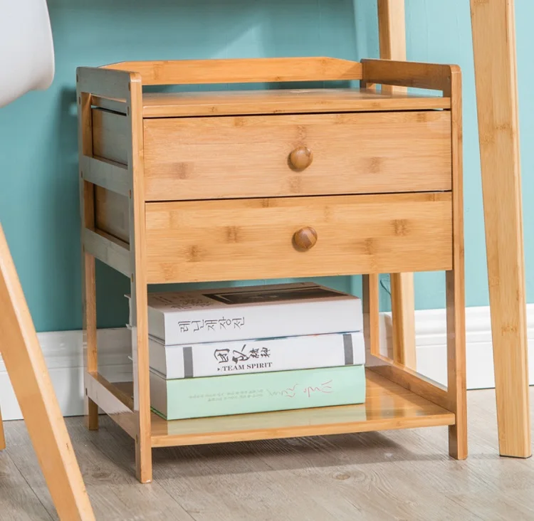 Ночной столик из бамбука для спальни с нижней полкой и ящиками