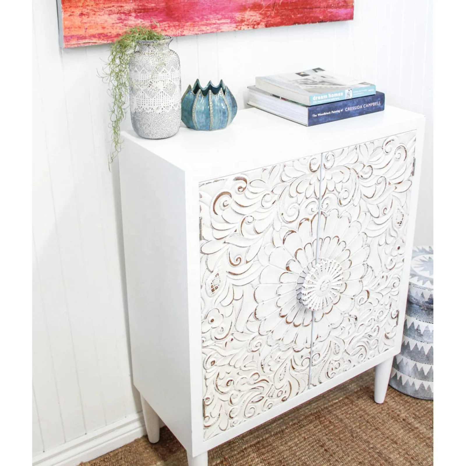 Wooden crave pattern 2 doors cabinet living room furniture  Antique  wash white Wood Cabinet manufacture