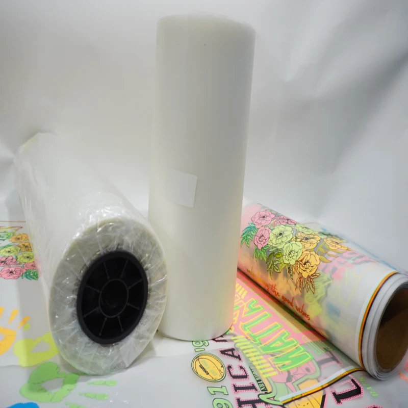 Fashion  heat transfer t-shirt printing sticker dtf film double side printing hot peel roll dtf pet film
