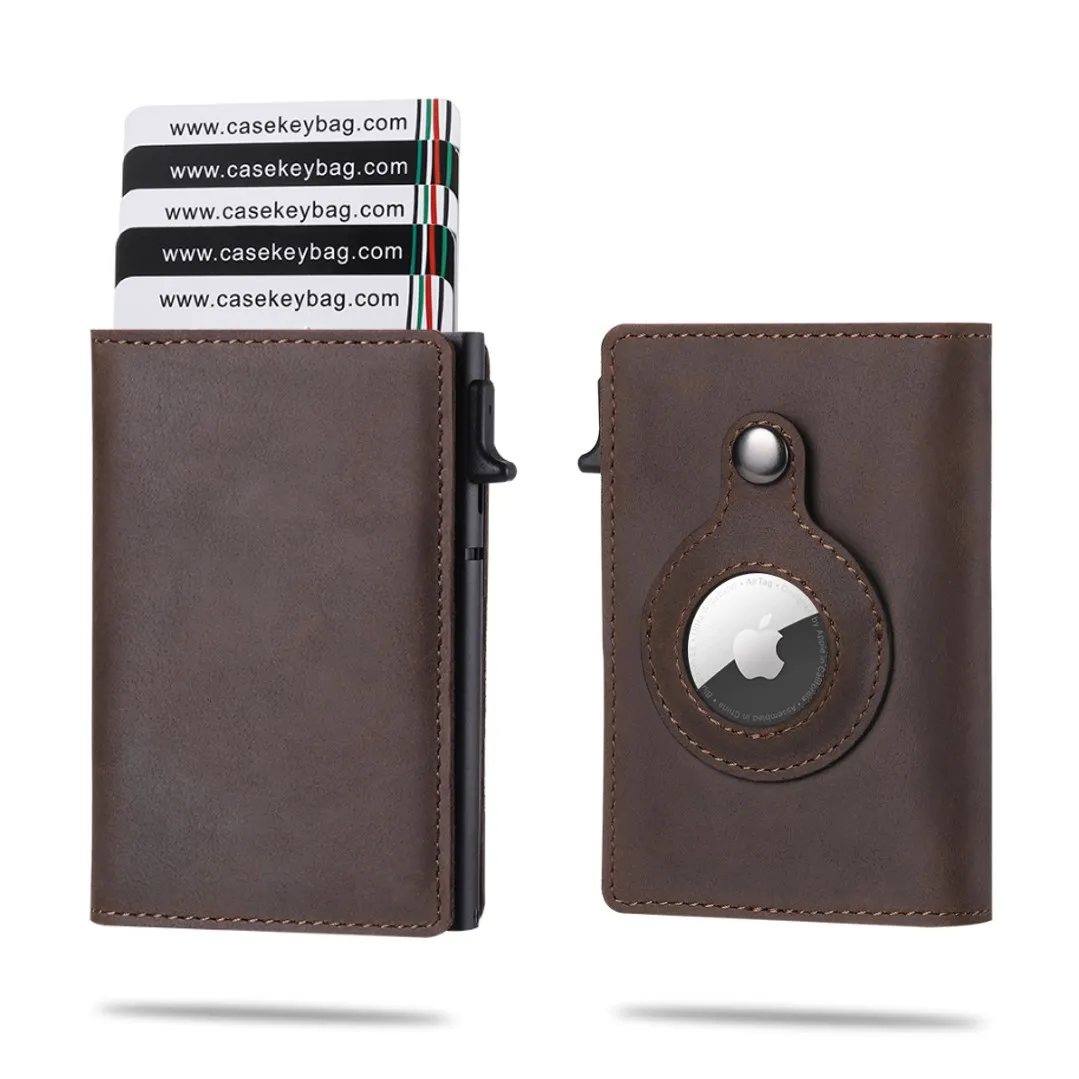 Pop Up Wallet Genuine Leather RFID Wallet Back With Airtag Tracker Protector Case Automatic Sliding Wallet