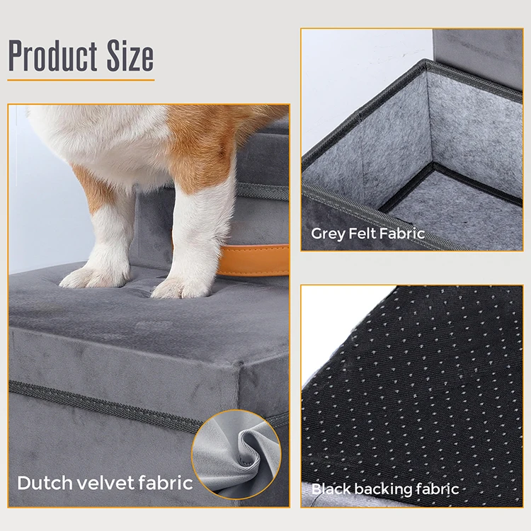 Luxury 3 layers dog stairs gray durable pet ramp steps with storage function for high sofa