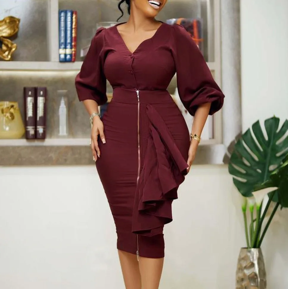 Latest Design Puff Sleeve Doll Neck Solid Color Hip Wrap Career Dresses Dresses Women Lady Elegant Tight Plus Size Dress