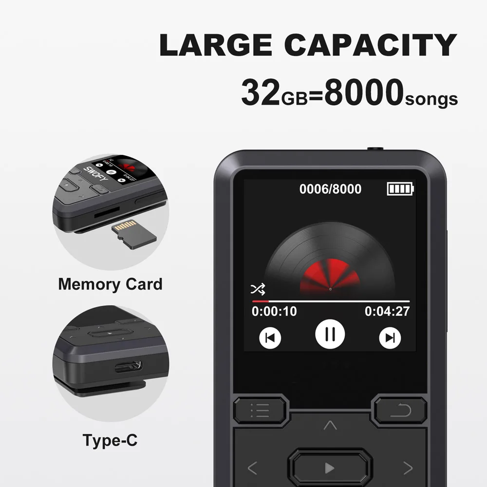 Wireless Portable MP3 Player FM Radio 32GB Sports Running Clip Audio/Video Playback Voice Recorder E-Book Reader Supports WAV