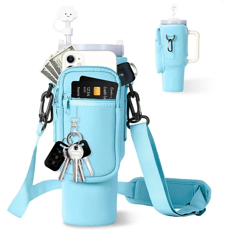 JLD Hot Sale 40 OZ Neoprene Shoulder Strap Tumbler Cup Water Bottle Carrier Crossbody Sling Holder Bag with Zipper Phone Pocket