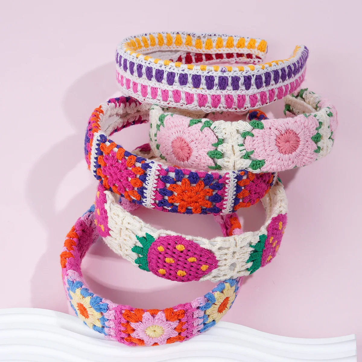 Wholesale 3.5cm Wide Knitted Hairband Colorful Flower Crochet Embroidery Headband Boho Vacation Women Girls French Hair Band