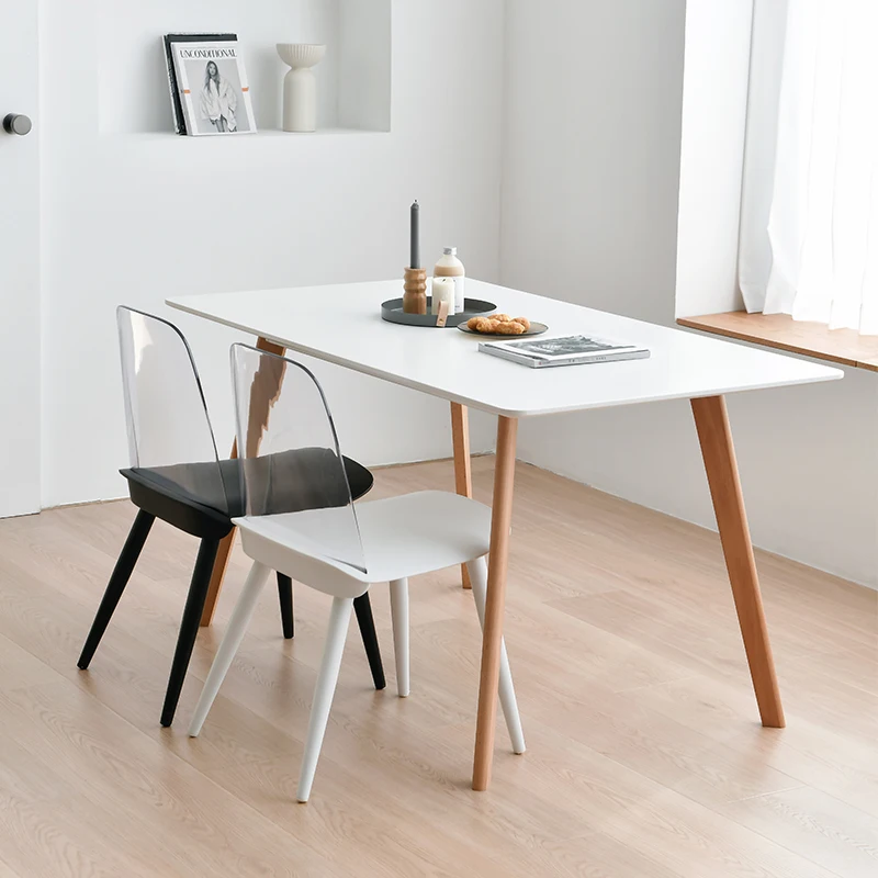 Popular Classic White Wooden MDF Panel Top Solid Wood Legs Dining Table