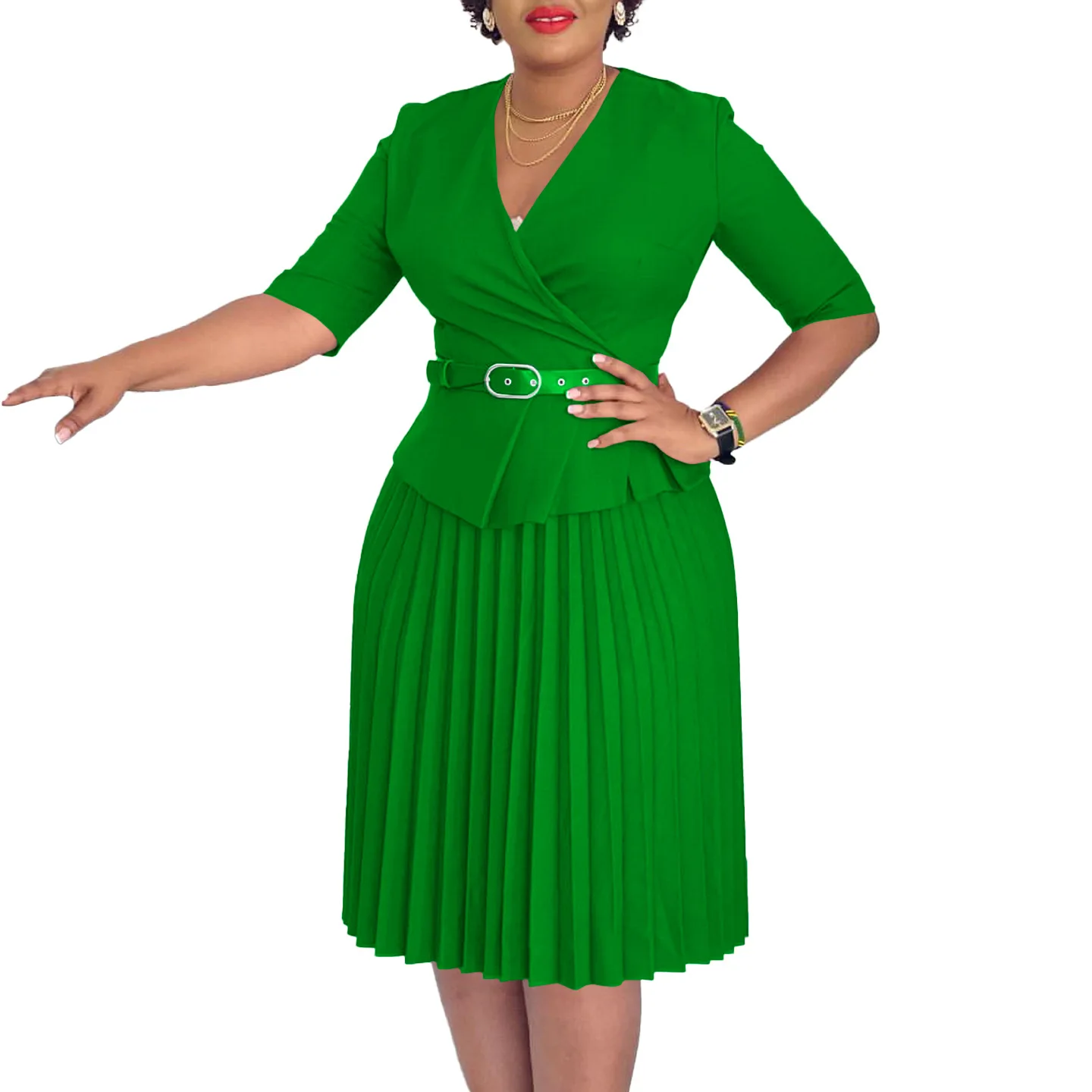 ladies office dresses women casual a-line plain pleated dress elegant with peplum