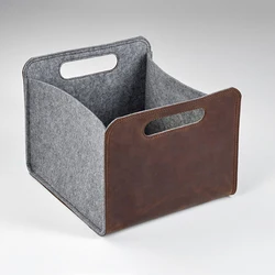 Felt Storage Basket with Leather Sides Felt Storage Bin with Handles Organizer