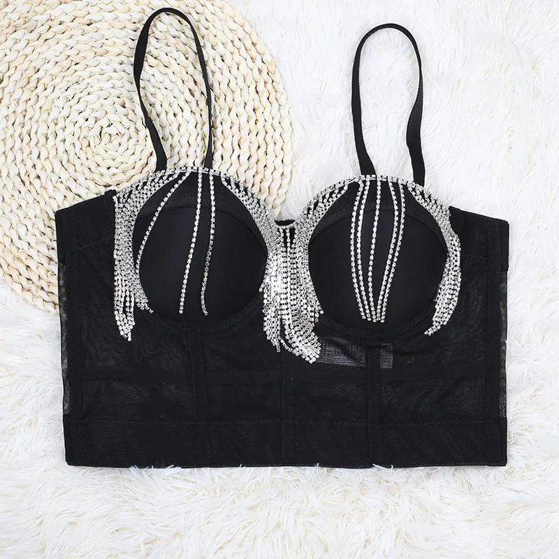 Female Trendy Bling Rhinestones Corset Cropped Top Ladies Sexy Party Diamond Bra Camisole Tank Top