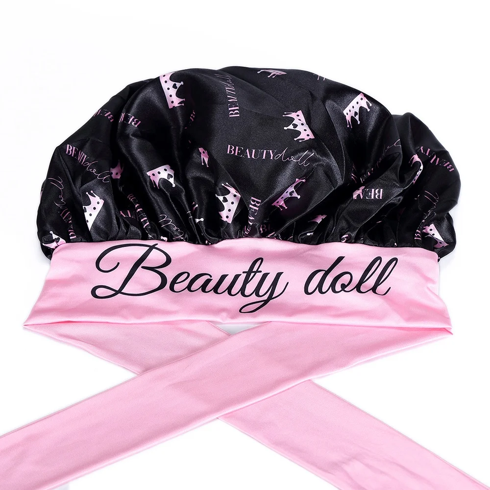 Factory double layer and hair silk reversible bonnets with logo and adjustable rope custom satin bonnet