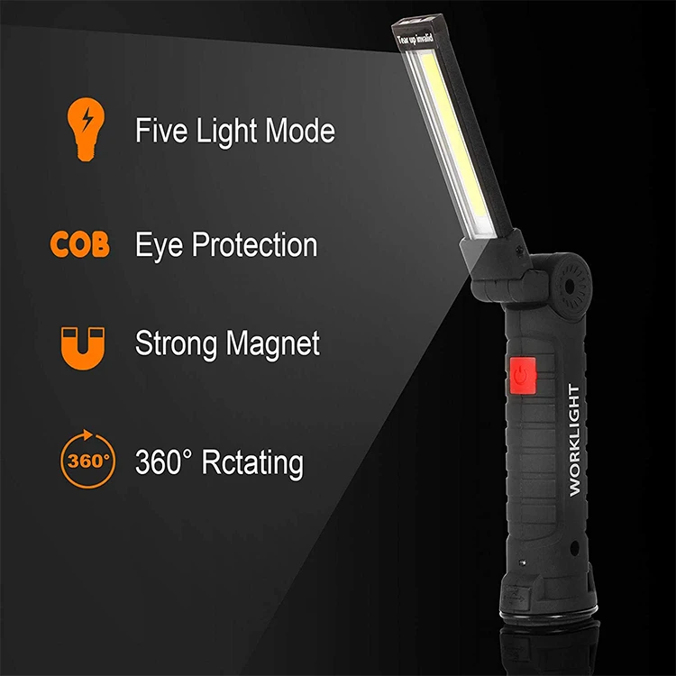 Mechanic Light with Magnetic Base and Hanging Hook 360 Degree Rotate 5 Light Modes COB LED Rechargeable Flashlights