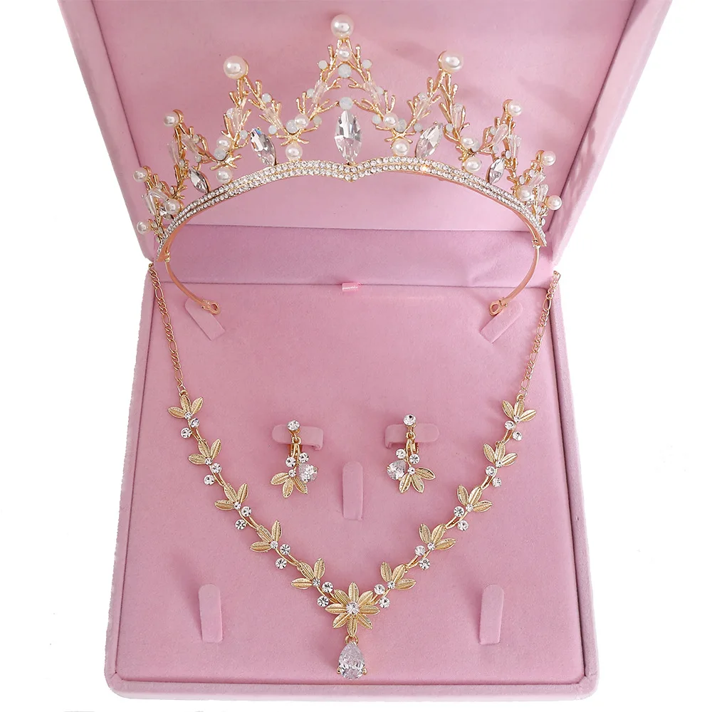 Korean boxed crystal pearl flower bridal wedding crown necklace earring headpiece set Girl golden alloy hair accessories