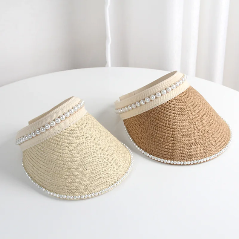 FF1465 Summer Women Straw Beach Hat Wide Brim Sun Visor Hat Ponytail Pearl Straw Visor Hat for Women
