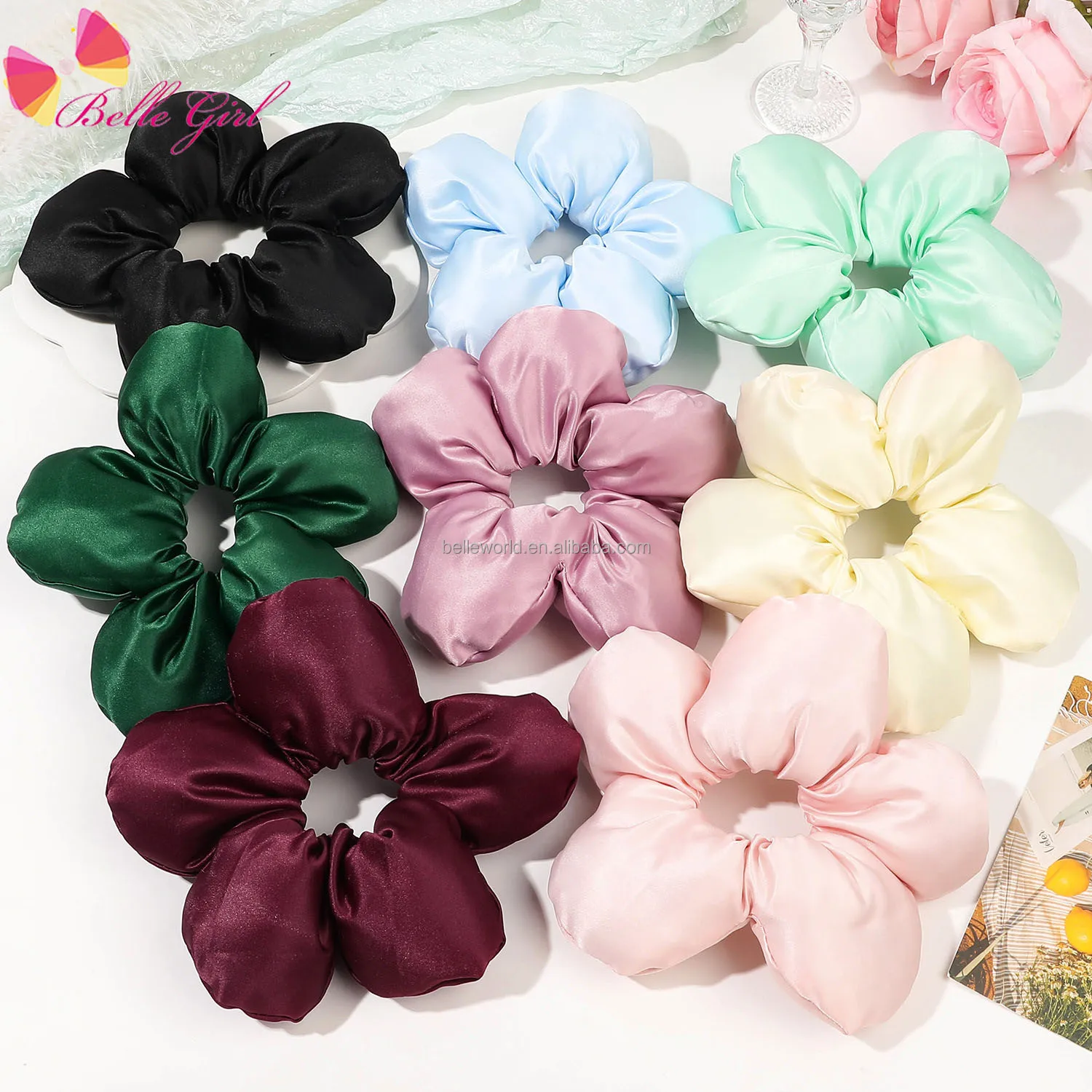 BELLEWORLD wholesale new style flower hair band bohemian extra large jumbo fashion scrunchie 16cm/19cm satin large scrunchies