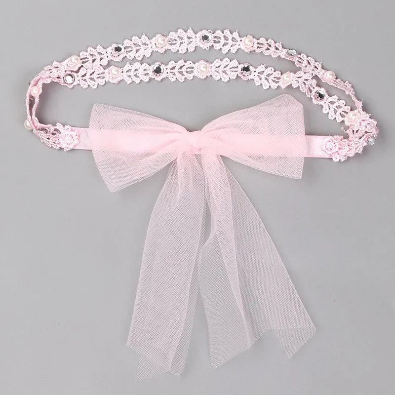 Wholesale Little Girls Hair Accessories Solid Colors Lace Hairband with Bow. Rhinestone Lace Headband