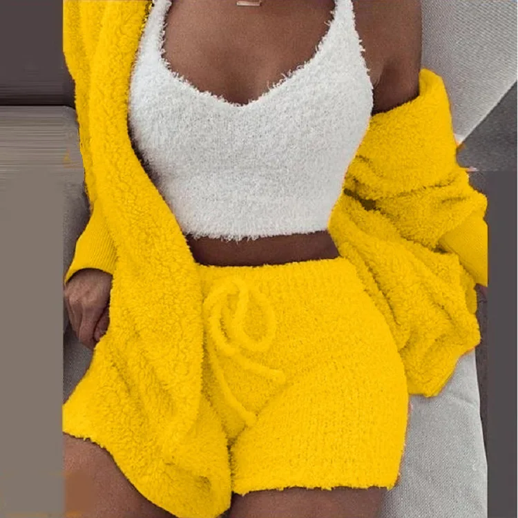 New Arrival 2022 Women Clothes Fleece Fuzzy Lingerie Suit 3 Piece Sleepwear Set Winter Cozy Lounge Wear Sets Furry Pajama Set