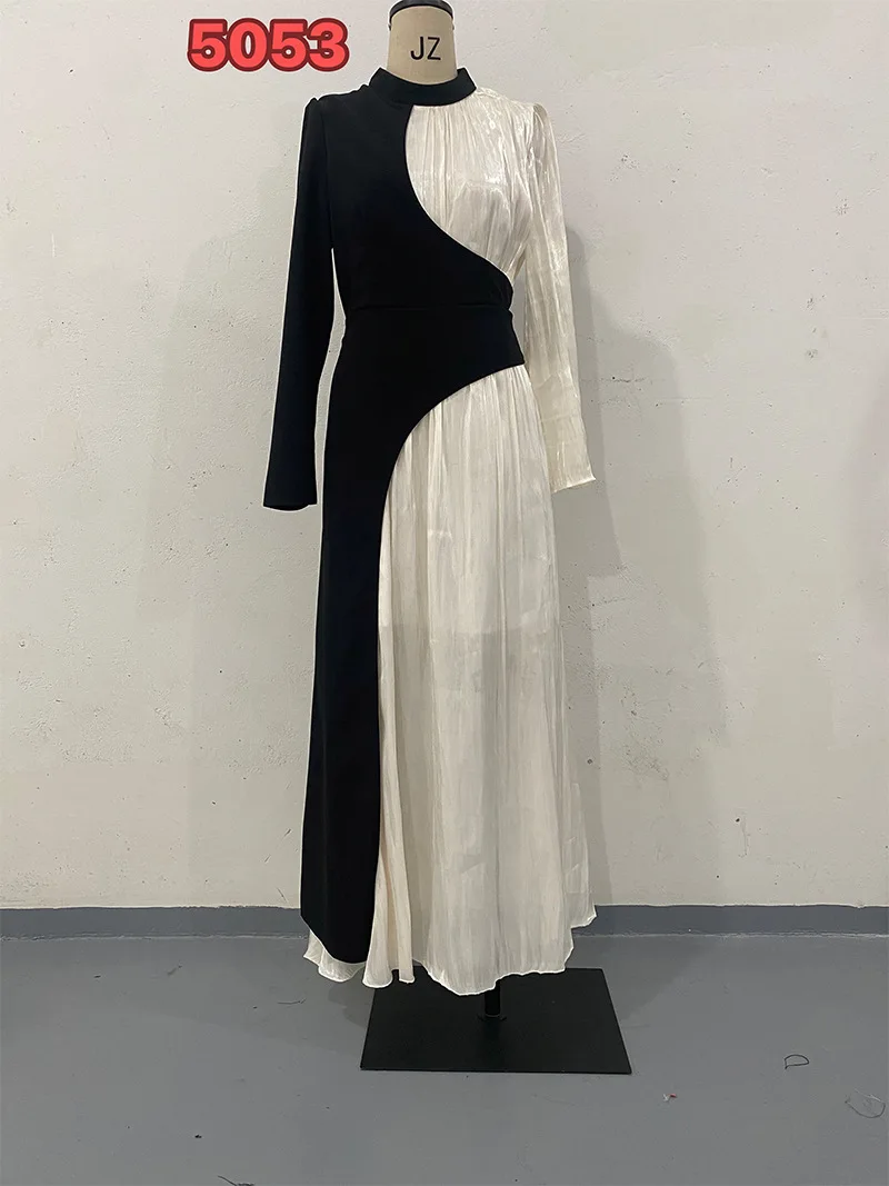 2024 European and American Spring New Round Neck Color Block Long Sleeve Slim Fit Belt Retro Dress