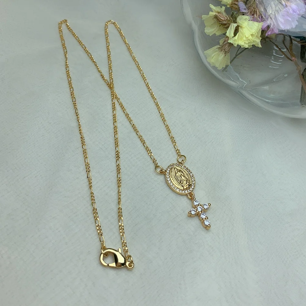 Metal Plated 18k Gold Zircon Small Cross Virgin Mary Pendant Figaro Chain Necklace For Women Jewelry