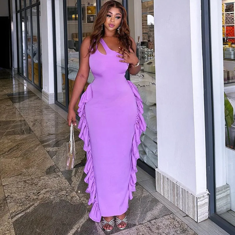 Women Sleeveless slimming Sexy Slanted collar flower sexy sleeveless hip wrap Sexy Slim Ruffled Dresses