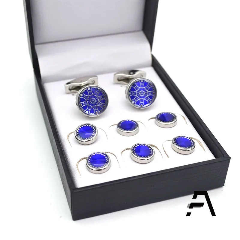 Classic Blue Mens 6pcs Cufflinks and Studs Set
