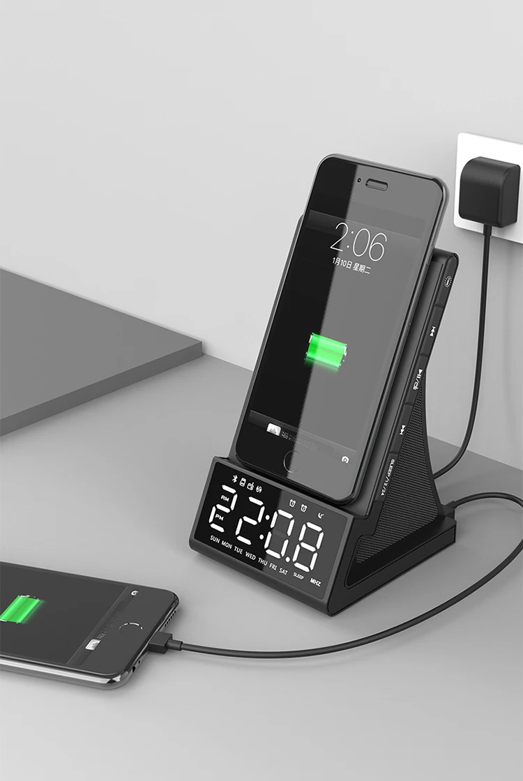 Loud Smart Alarm Clock with Blue tooth Speaker and Wireless Charger Dimmable Easy Set Digital Desk Clock
